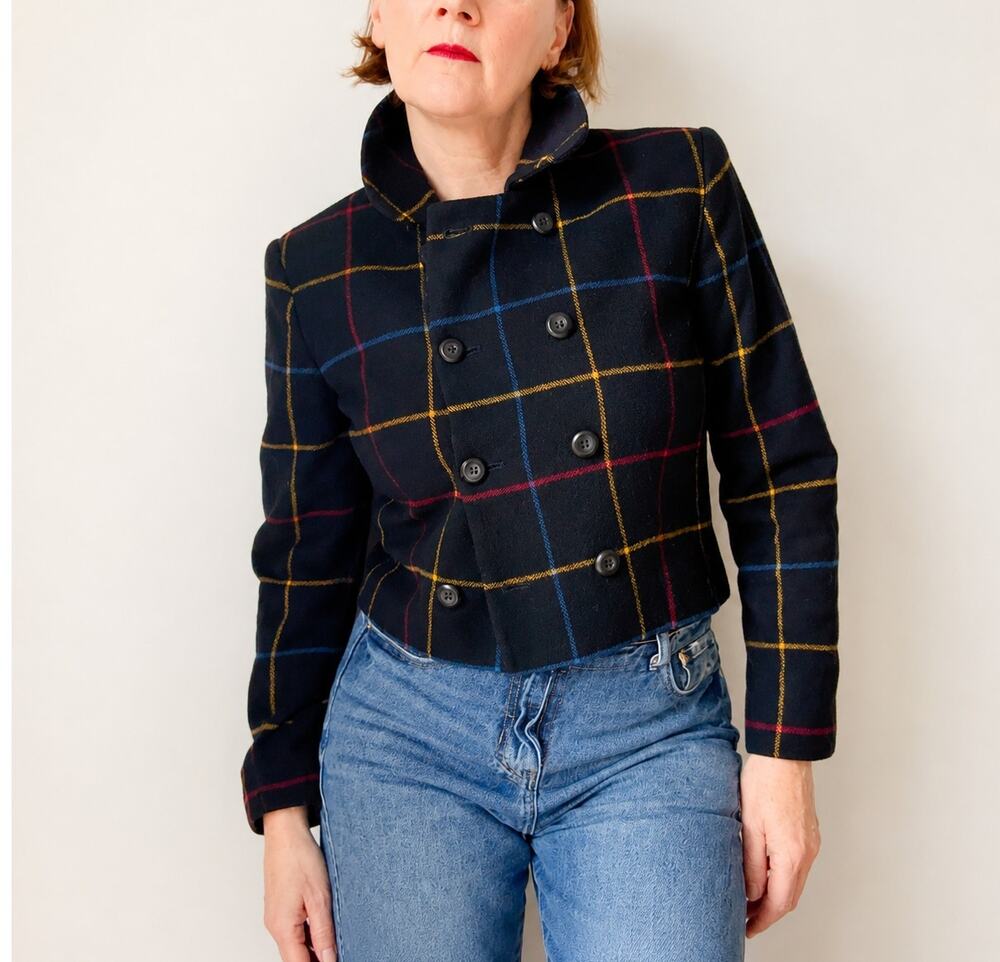 Vintage Wool Cropped Blazer Size 4 Mod Preppy Plaid Printed Classic 90s Era
